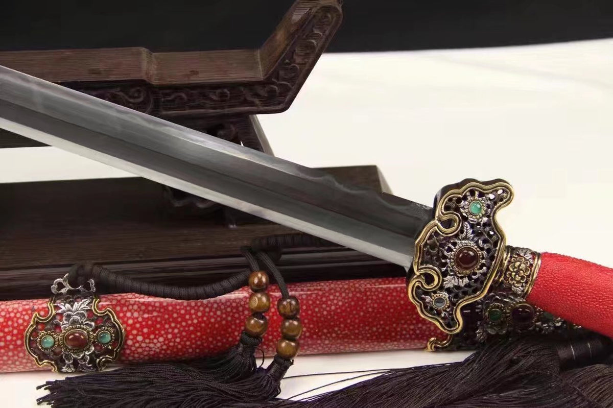 Chinese sword,Damascus steel blade,Skin scabbard,Brass fitting,Full tang&Handmade art - Chinese sword shop