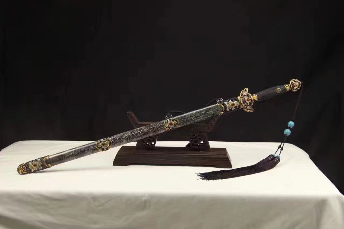 Chinese sword,Damascus steel blade,Skin scabbard,Brass fitting,Full tang&Handmade art - Chinese sword shop