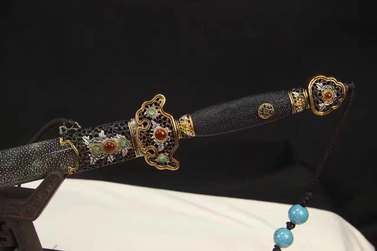 Chinese sword,Damascus steel blade,Skin scabbard,Brass fitting,Full tang&Handmade art - Chinese sword shop