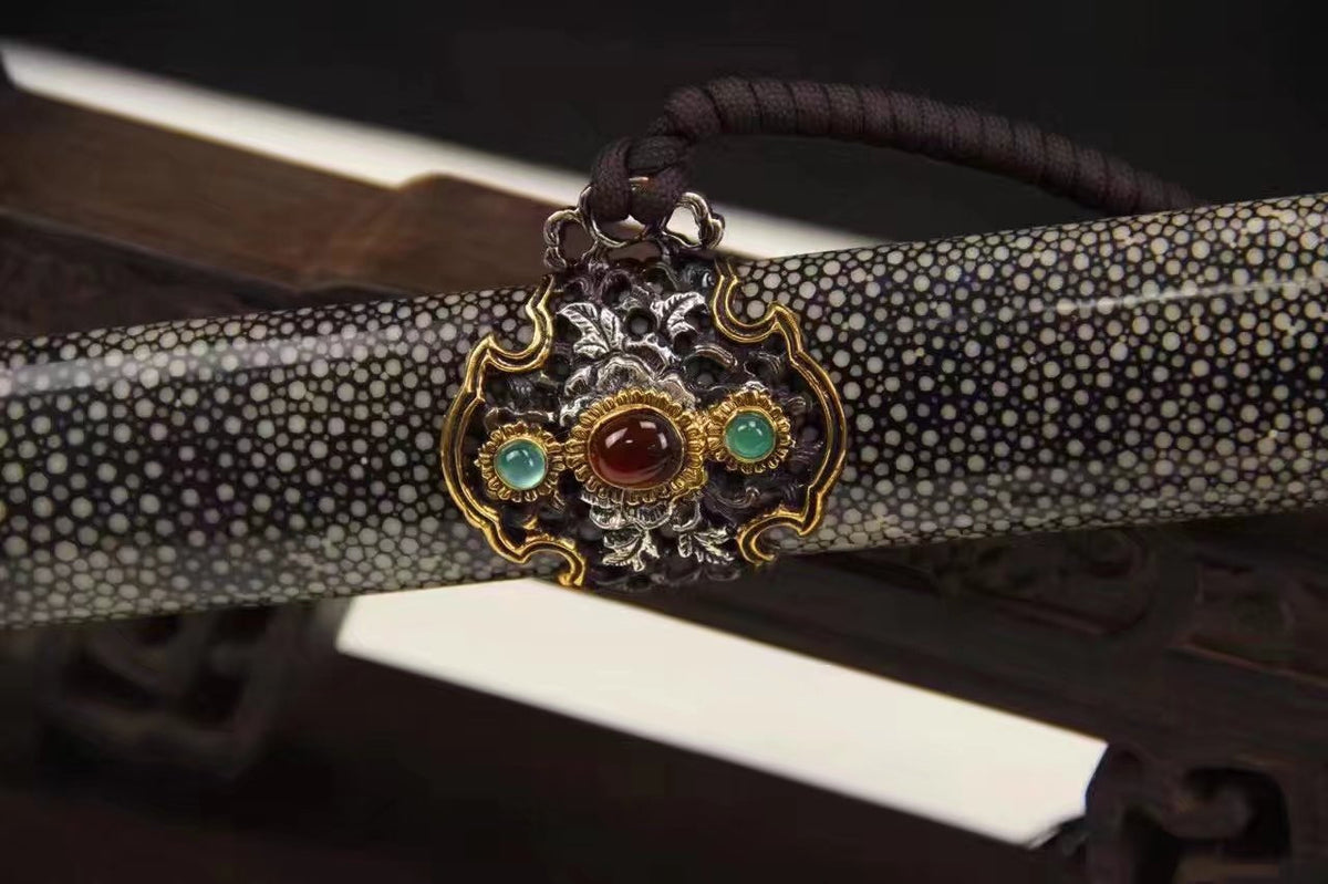 Chinese sword,Damascus steel blade,Skin scabbard,Brass fitting,Full tang&Handmade art - Chinese sword shop