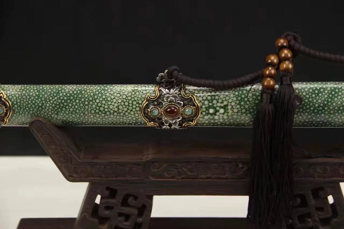 Chinese sword,Damascus steel blade,Skin scabbard,Brass fitting,Full tang&Handmade art - Chinese sword shop