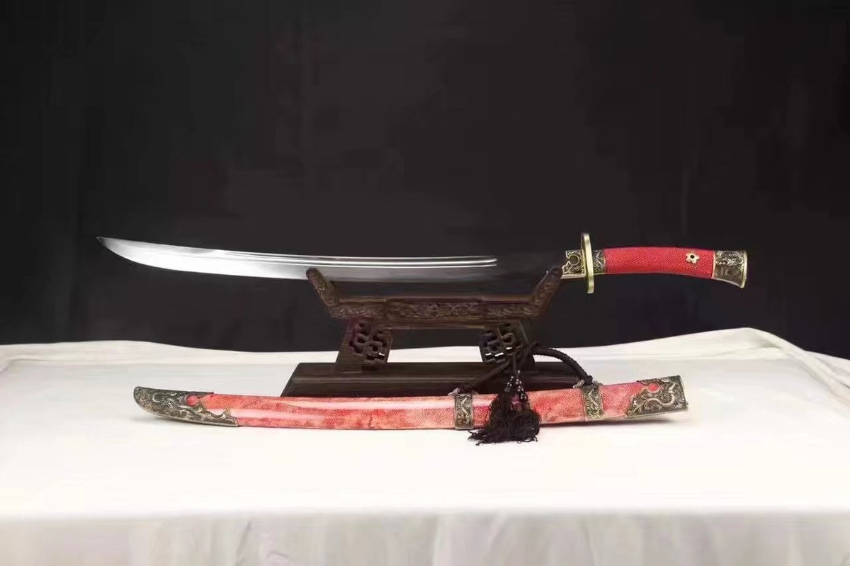 Broadsword sword,Folded steel,Red skinscabbard,Copper fitting&handmade art - Chinese sword shop