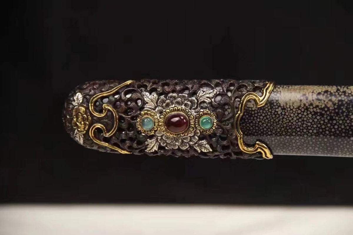 Chinese sword,Damascus steel blade,Skin scabbard,Brass fitting,Full tang&Handmade art - Chinese sword shop