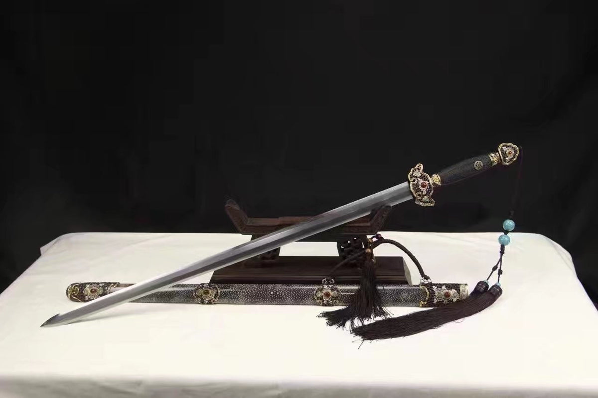 Chinese sword,Damascus steel blade,Skin scabbard,Brass fitting,Full tang&Handmade art - Chinese sword shop
