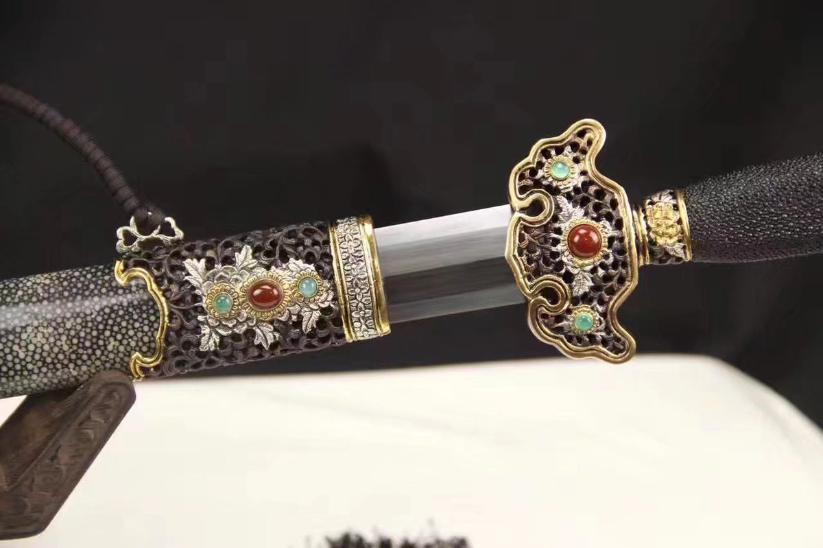 Chinese sword,Damascus steel blade,Skin scabbard,Brass fitting,Full tang&Handmade art - Chinese sword shop