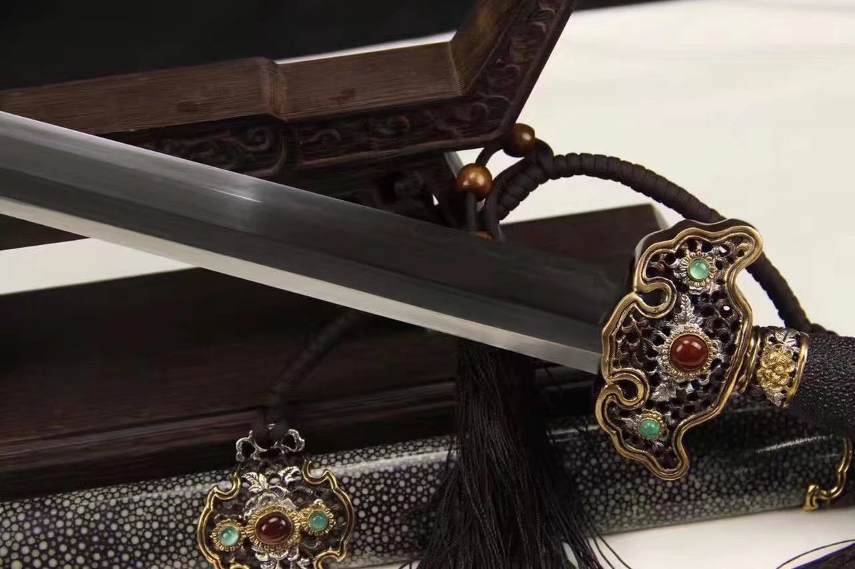 Chinese sword,Damascus steel blade,Skin scabbard,Brass fitting,Full tang&Handmade art - Chinese sword shop