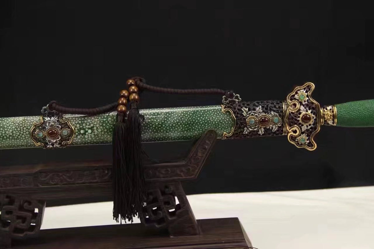 Chinese sword,Damascus steel blade,Skin scabbard,Brass fitting,Full tang&Handmade art - Chinese sword shop