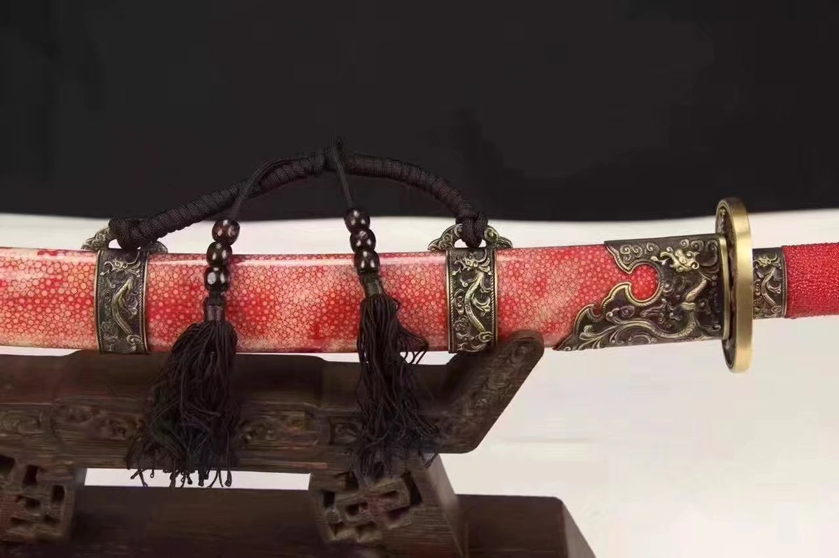Broadsword sword,Folded steel,Red skinscabbard,Copper fitting&handmade art - Chinese sword shop