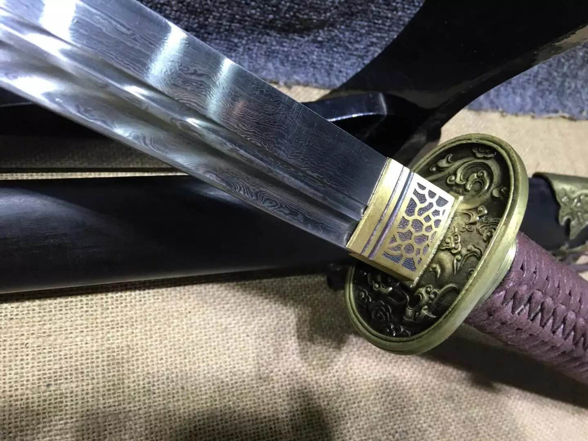Broadsword,Damascus steel blade,Black scabbard,Alloy fitting&Handmade art - Chinese sword shop