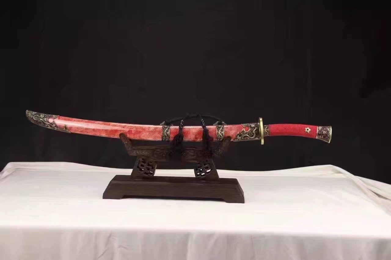 Broadsword sword,Folded steel,Red skinscabbard,Copper fitting&handmade art - Chinese sword shop