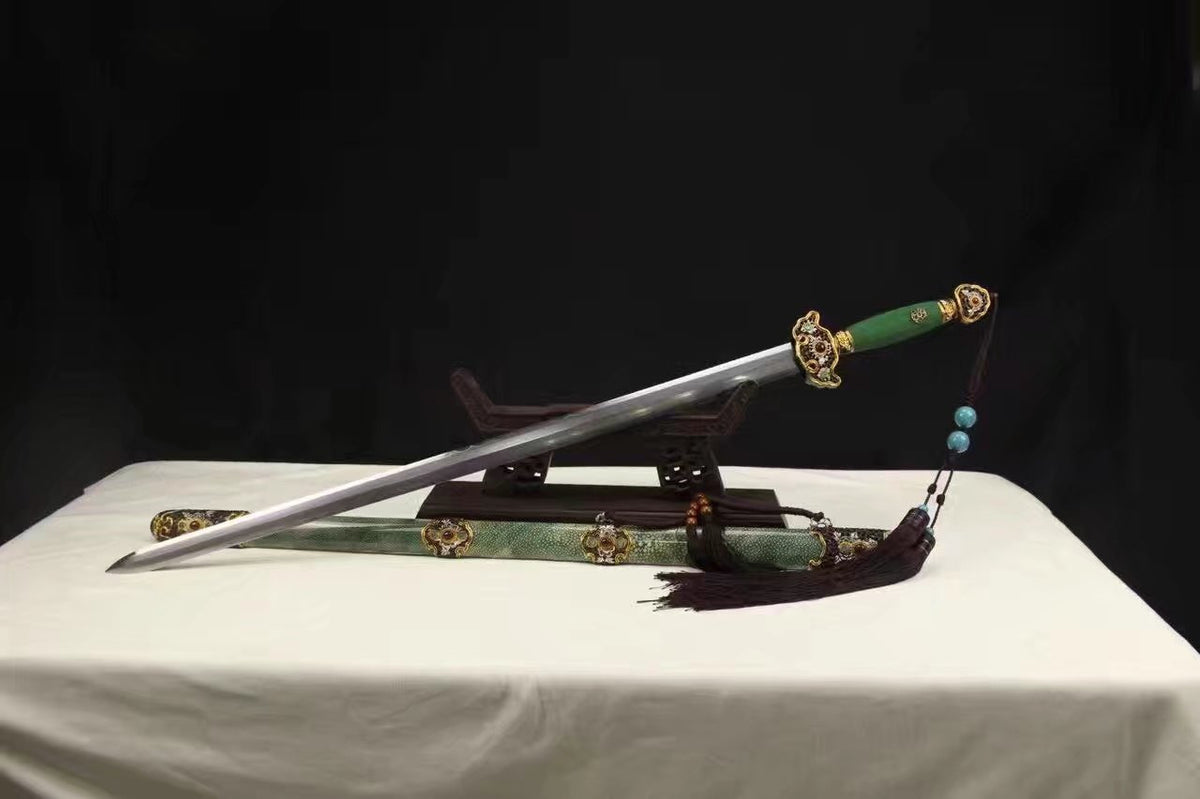 Chinese sword,Damascus steel blade,Skin scabbard,Brass fitting,Full tang&Handmade art - Chinese sword shop