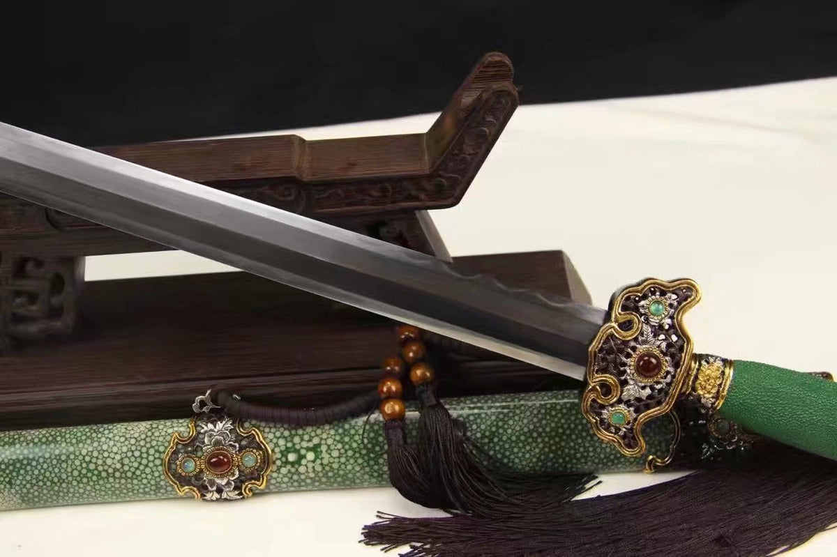 Chinese sword,Damascus steel blade,Skin scabbard,Brass fitting,Full tang&Handmade art - Chinese sword shop