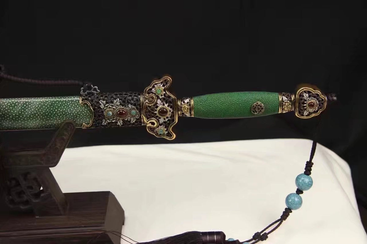 Chinese sword,Damascus steel blade,Skin scabbard,Brass fitting,Full tang&Handmade art - Chinese sword shop