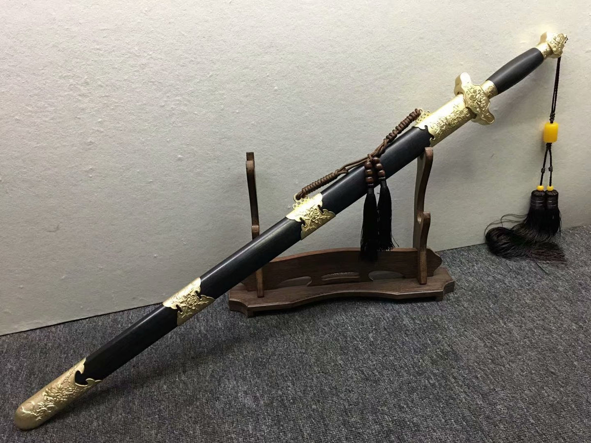 Peony sword,Handmade Damascus steel blade,Brass,Black wood,Full tang - Chinese sword shop