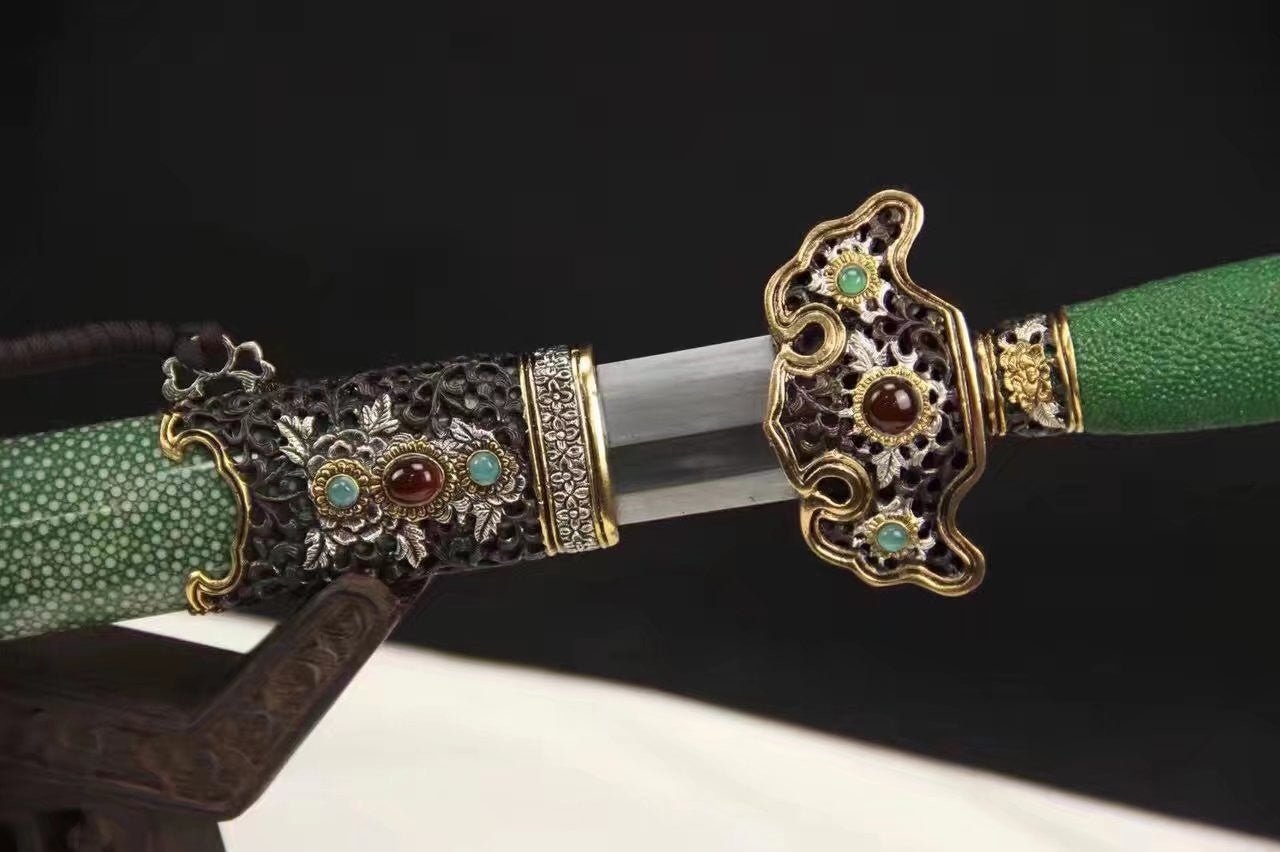 Chinese sword,Damascus steel blade,Skin scabbard,Brass fitting,Full tang&Handmade art - Chinese sword shop