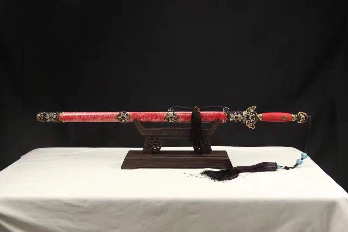 Chinese sword,Damascus steel blade,Skin scabbard,Brass fitting,Full tang&Handmade art - Chinese sword shop