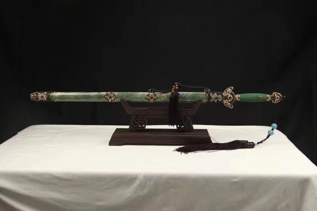 Chinese sword,Damascus steel blade,Skin scabbard,Brass fitting,Full tang&Handmade art - Chinese sword shop