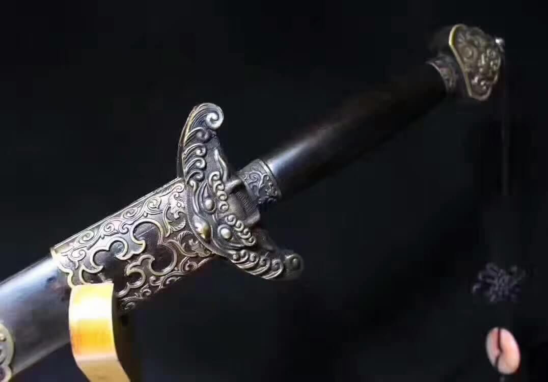 Qianlong sword,Damascus steel blue blade,Brass fittings,Black wood scabbard - Chinese sword shop