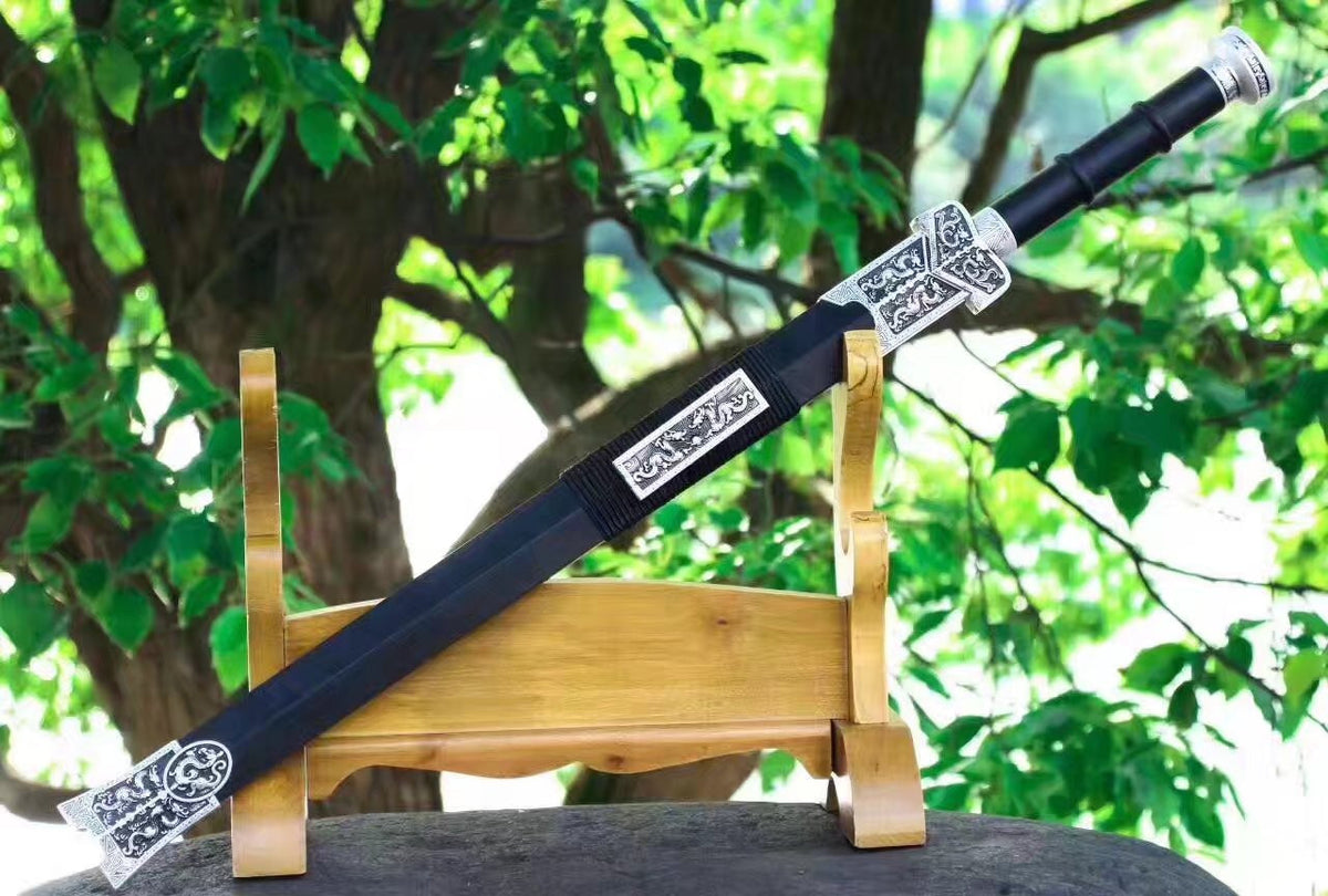 Qin sword,High manganese steel red blade,Black wood scabbard,Silver alloy fitting - Chinese sword shop
