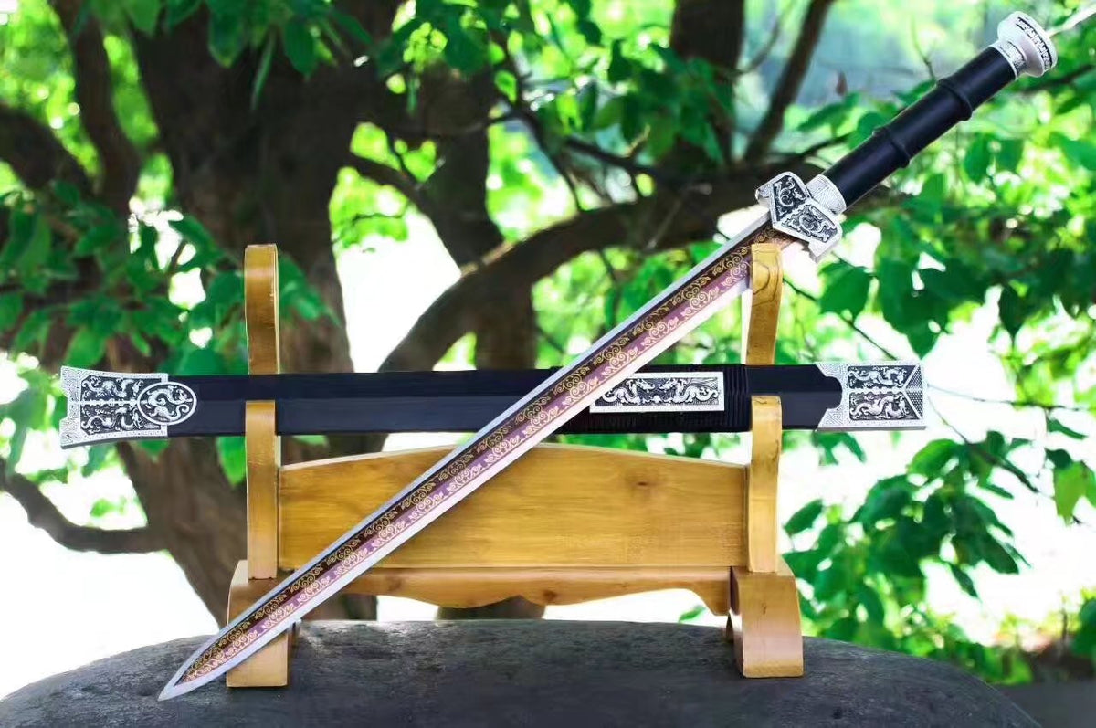 Qin sword,High manganese steel red blade,Black wood scabbard,Silver alloy fitting - Chinese sword shop