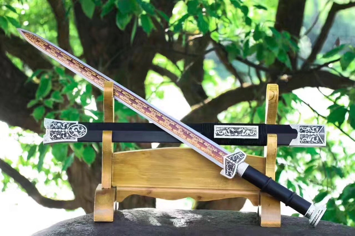 Qin sword,High manganese steel red blade,Black wood scabbard,Silver alloy fitting - Chinese sword shop