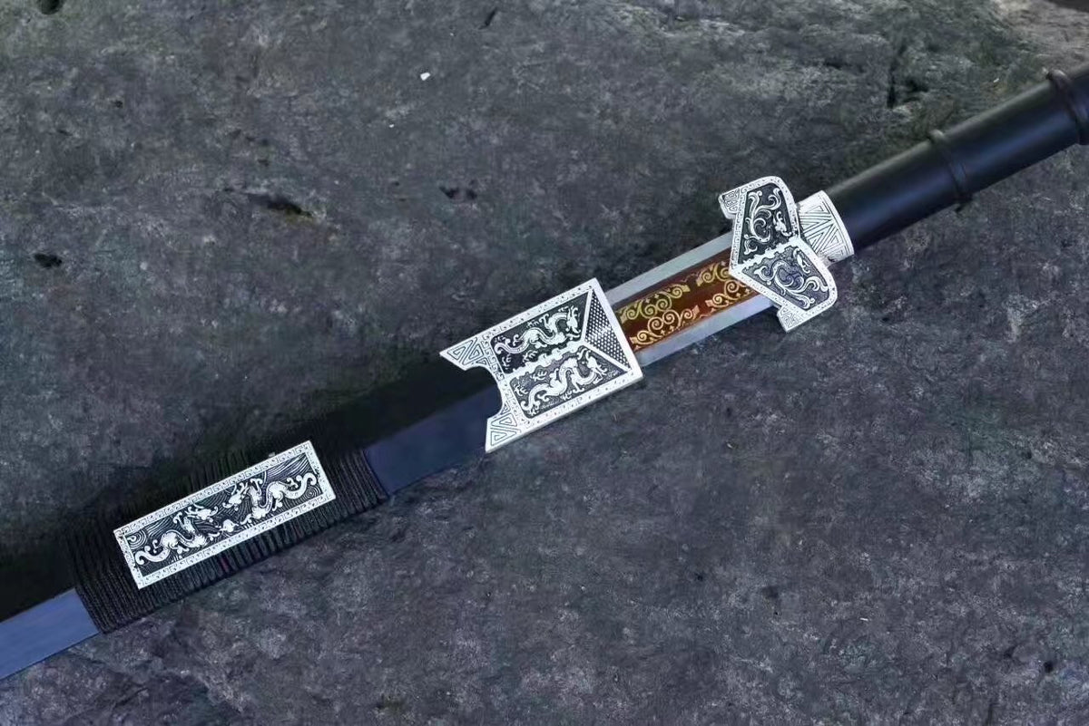 Qin sword,High manganese steel red blade,Black wood scabbard,Silver alloy fitting - Chinese sword shop