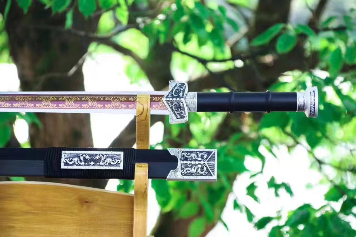 Qin sword,High manganese steel red blade,Black wood scabbard,Silver alloy fitting - Chinese sword shop