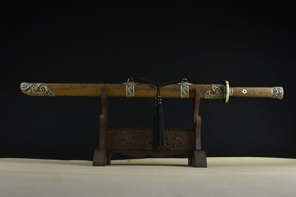 Qing Sword,Forged Damascus Steel Blade,Brass Fittings,Full Tang,Battle Ready