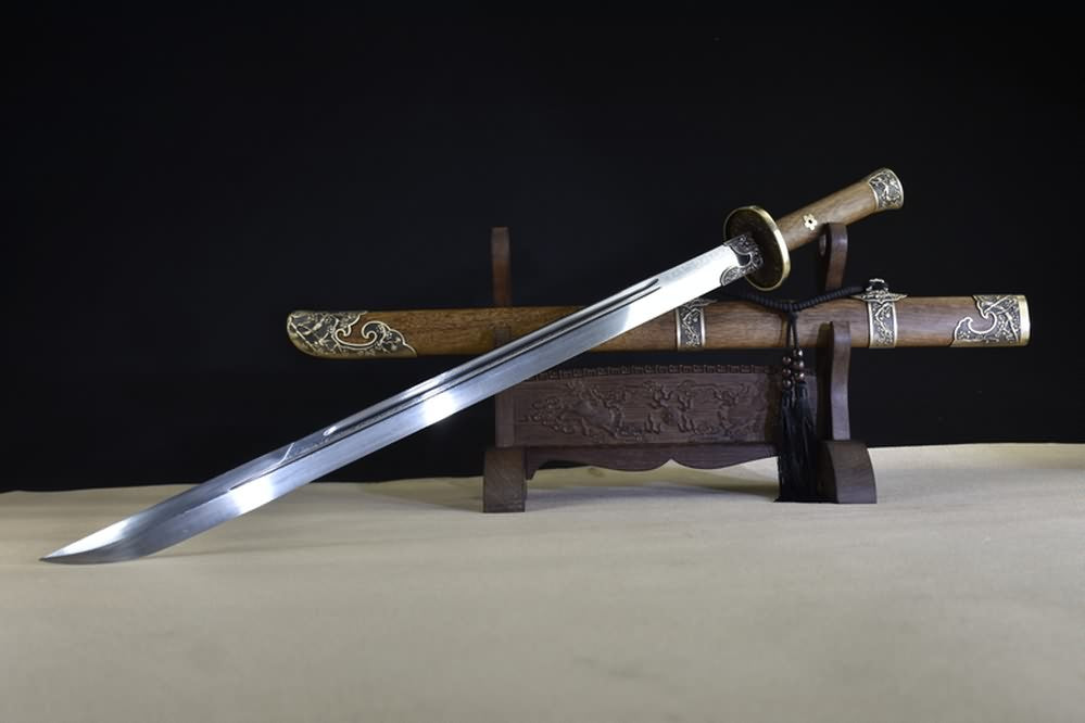 Qing Sword,Forged Damascus Steel Blade,Brass Fittings,Full Tang,Battle Ready