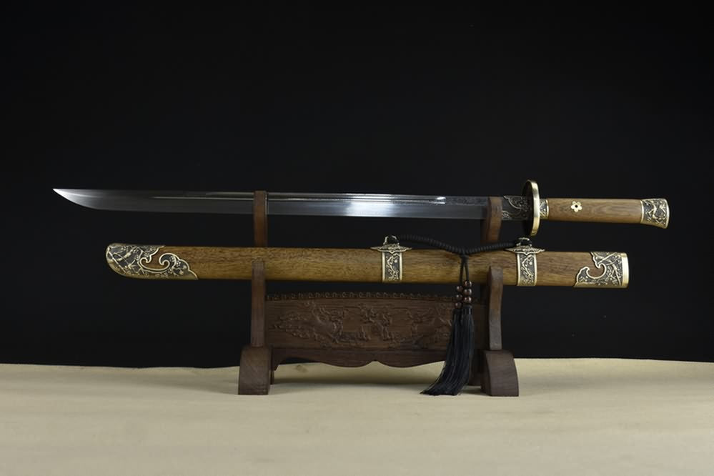 Qing Sword,Forged Damascus Steel Blade,Brass Fittings,Full Tang,Battle Ready