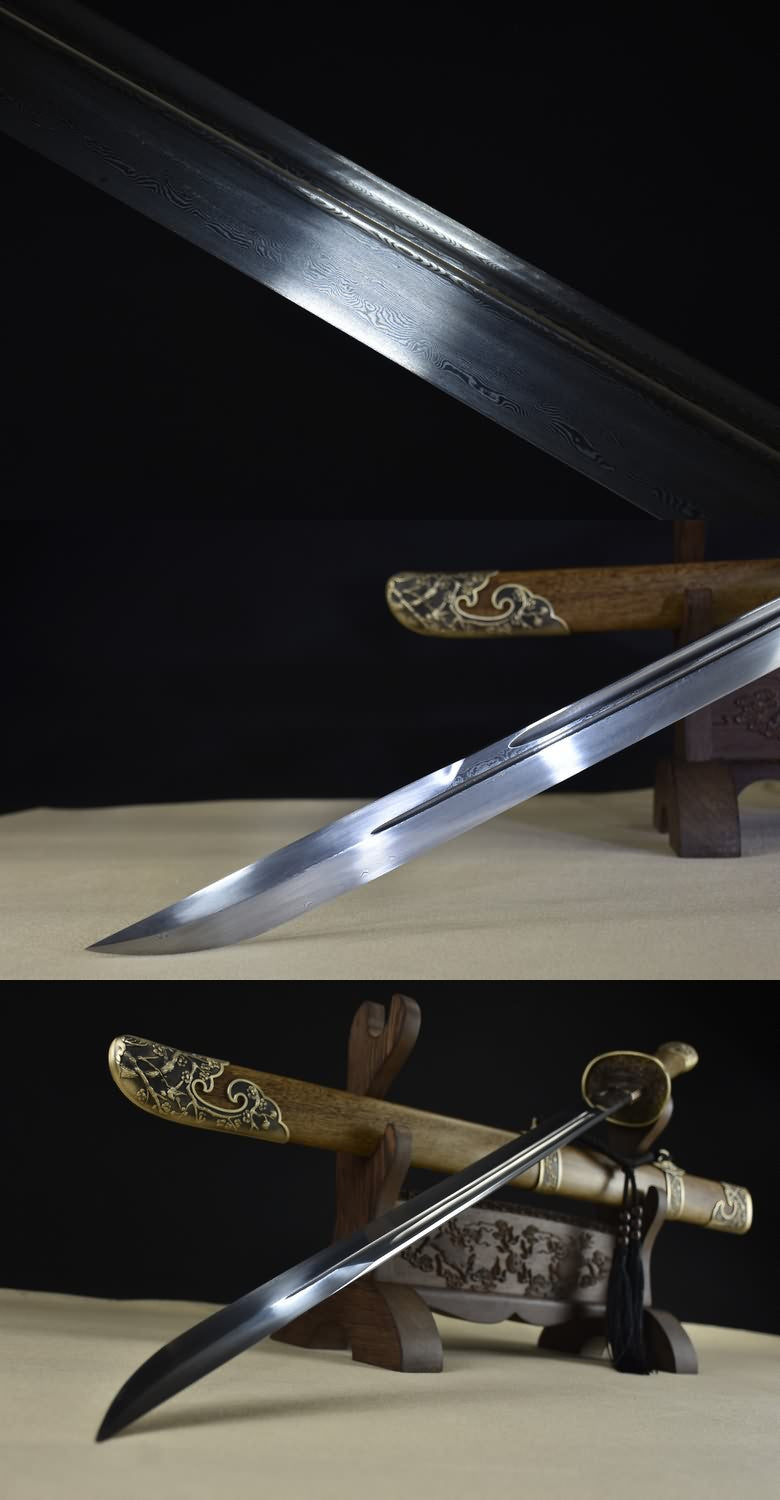 Qing Sword,Forged Damascus Steel Blade,Brass Fittings,Full Tang,Battle Ready