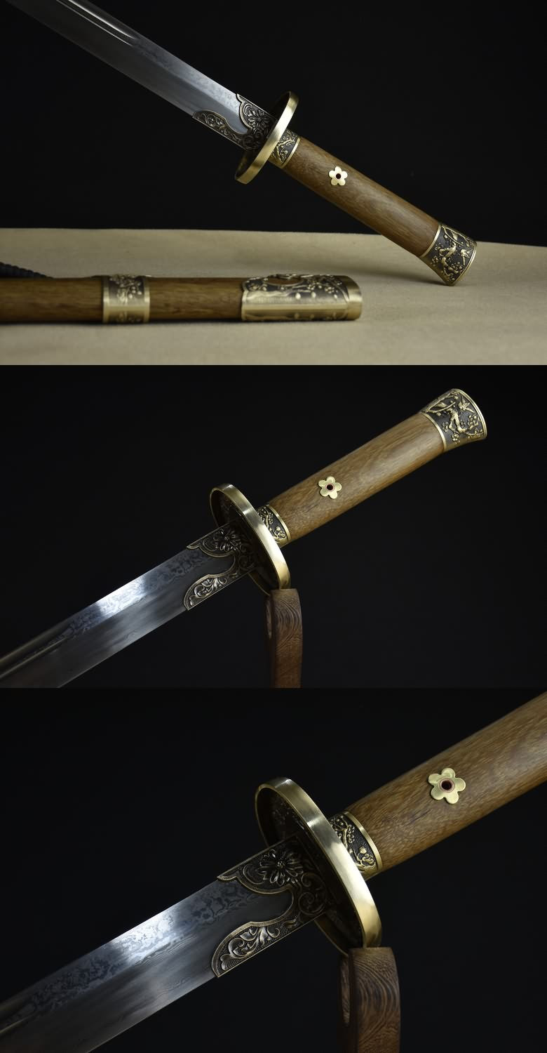 Qing Sword,Forged Damascus Steel Blade,Brass Fittings,Full Tang,Battle Ready