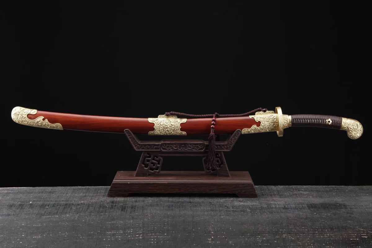 Qing dao sword,Damascus steel blade,MAHOGANY scabbard,Brass - Chinese sword shop