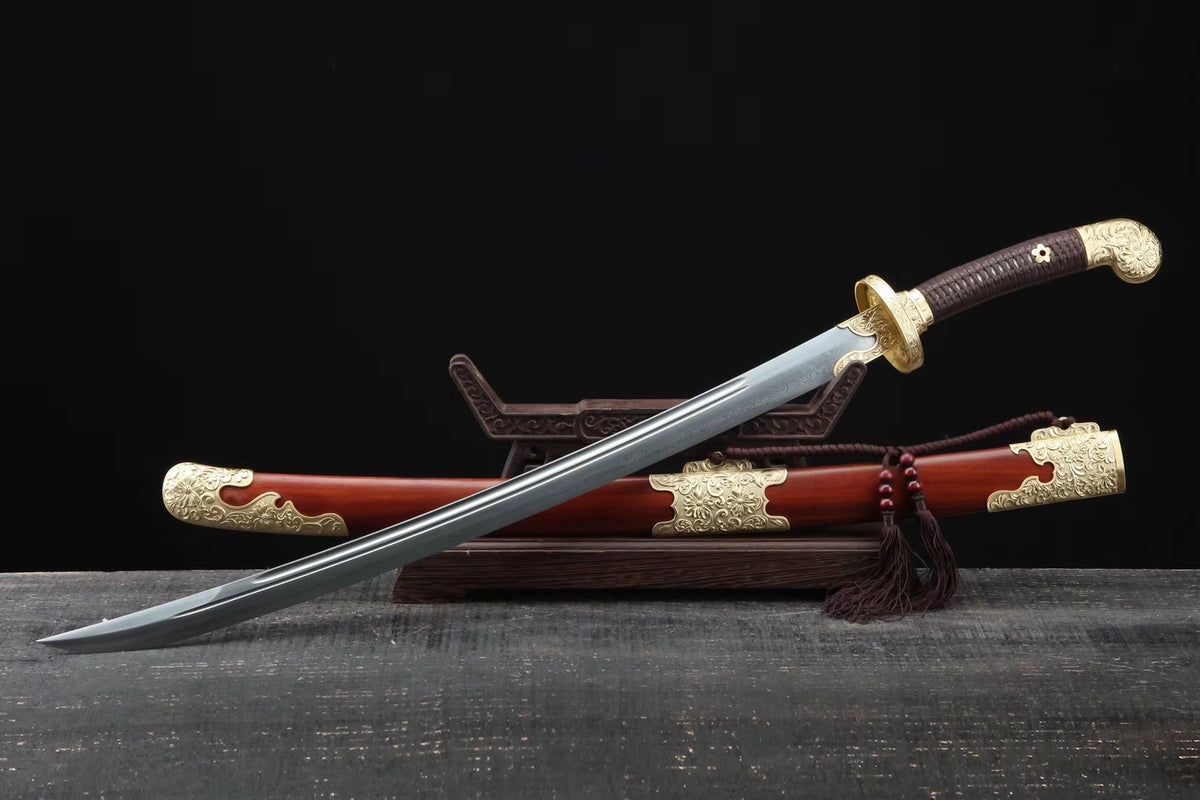 Qing dao sword,Damascus steel blade,MAHOGANY scabbard,Brass - Chinese sword shop
