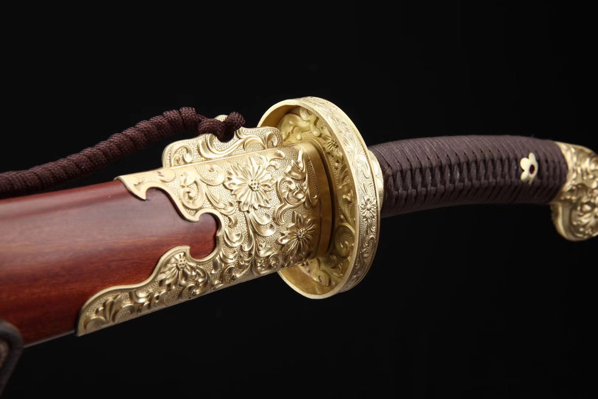 Qing dao sword,Damascus steel blade,MAHOGANY scabbard,Brass - Chinese sword shop
