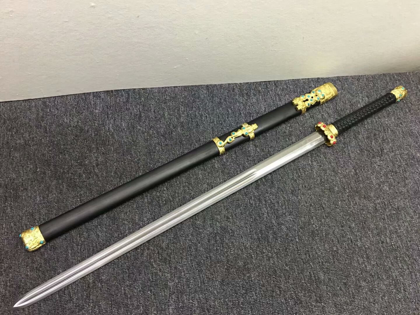 Qin jian,Hand Forged,Damascus steel blade,Black wood,Brass - Chinese sword shop