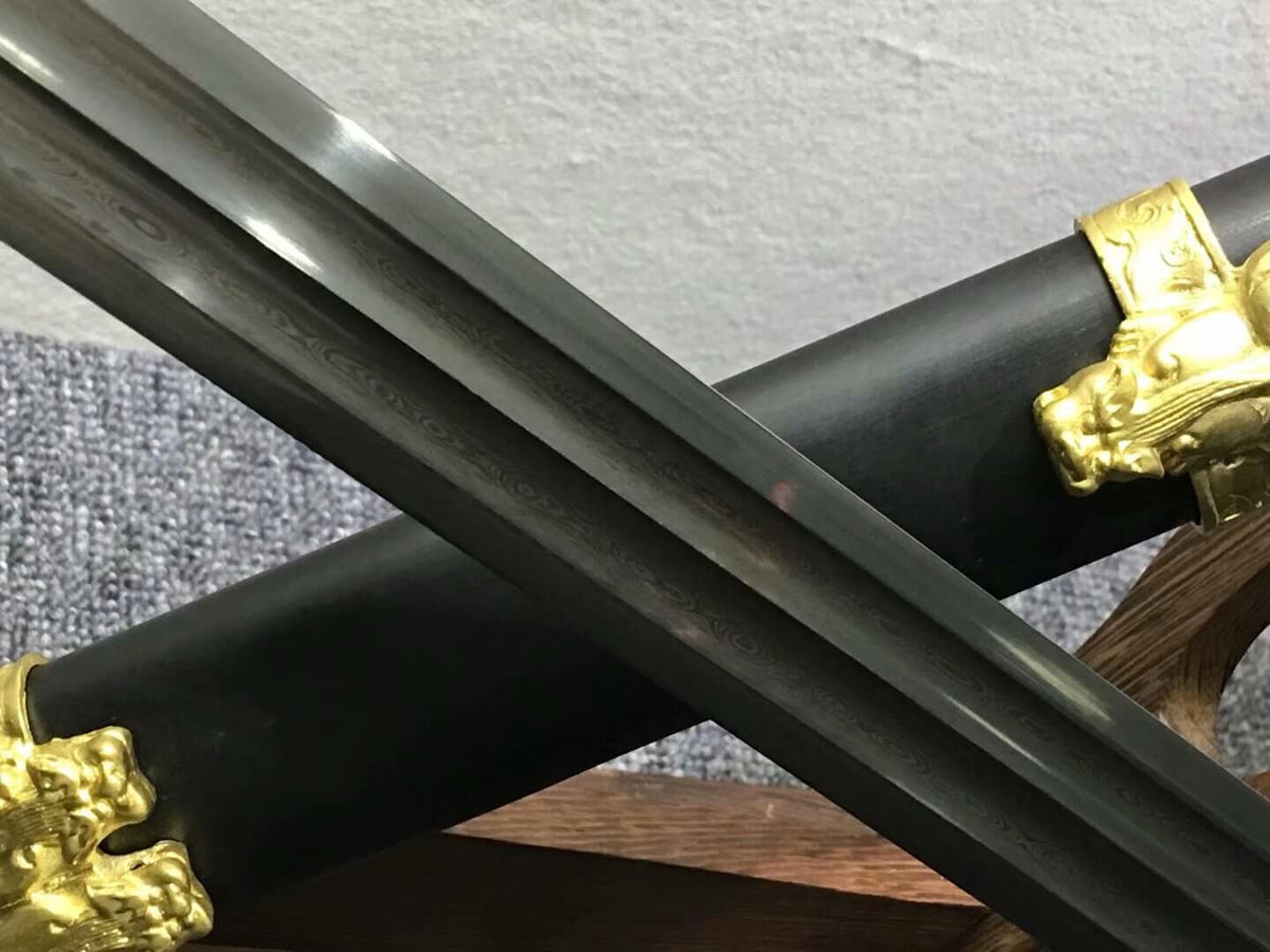 Qin jian,Hand Forged,Damascus steel blade,Black wood,Brass - Chinese sword shop