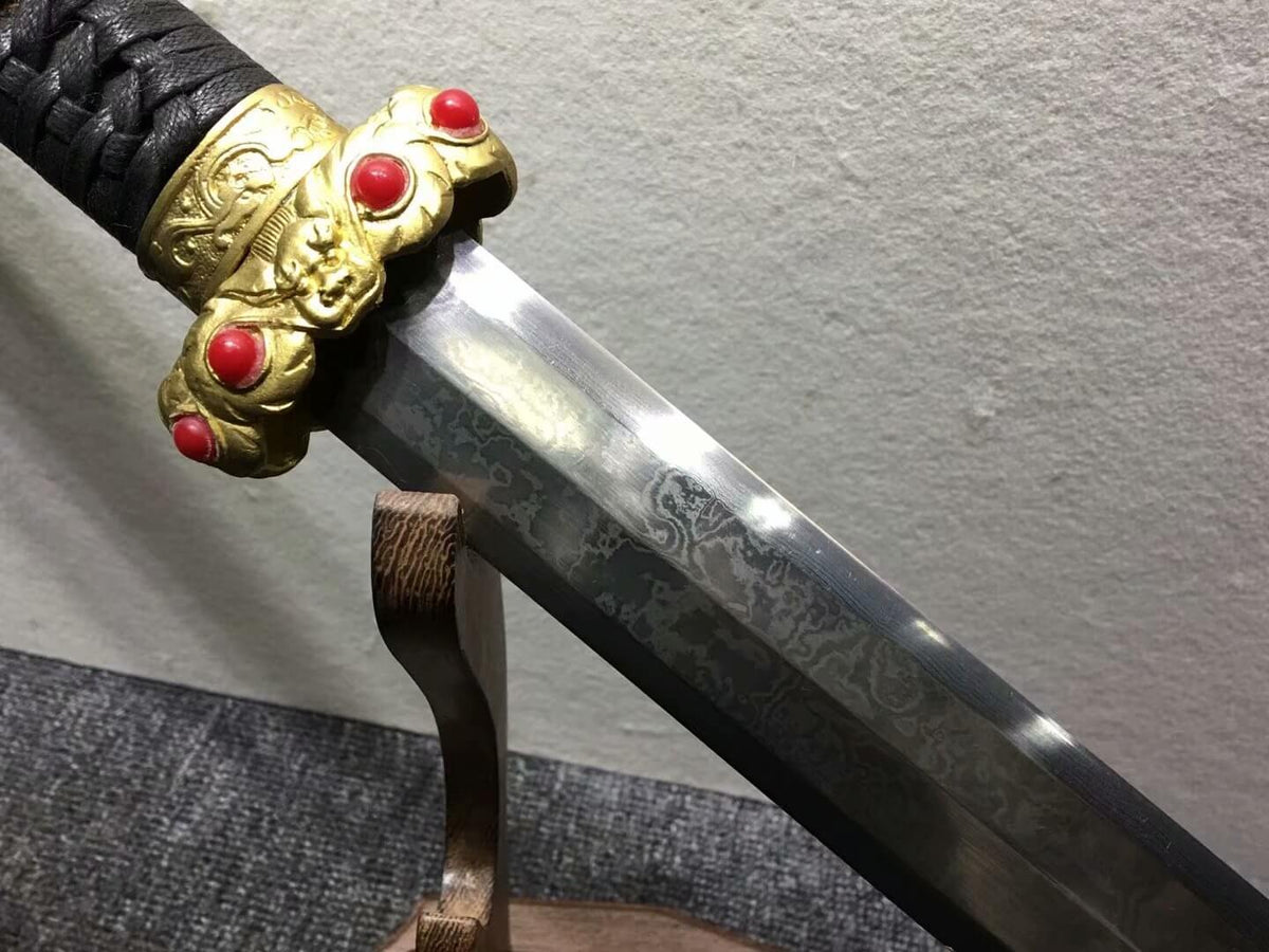 Qin jian,Hand Forged,Damascus steel blade,Black wood,Brass - Chinese sword shop