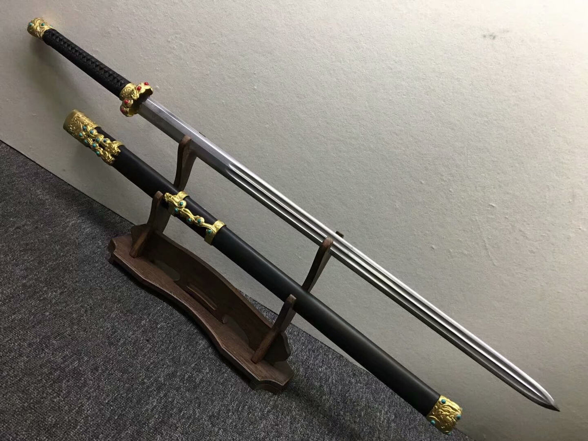 Qin jian,Hand Forged,Damascus steel blade,Black wood,Brass - Chinese sword shop