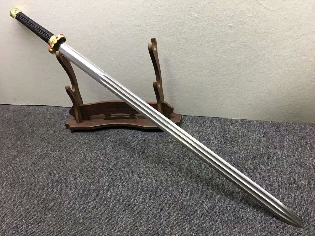 Qin jian,Hand Forged,Damascus steel blade,Black wood,Brass - Chinese sword shop
