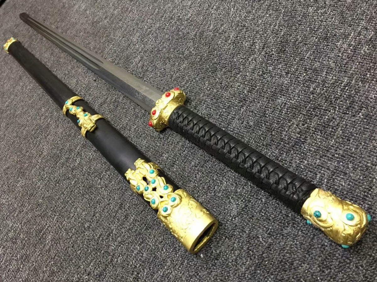 Qin jian,Hand Forged,Damascus steel blade,Black wood,Brass - Chinese sword shop