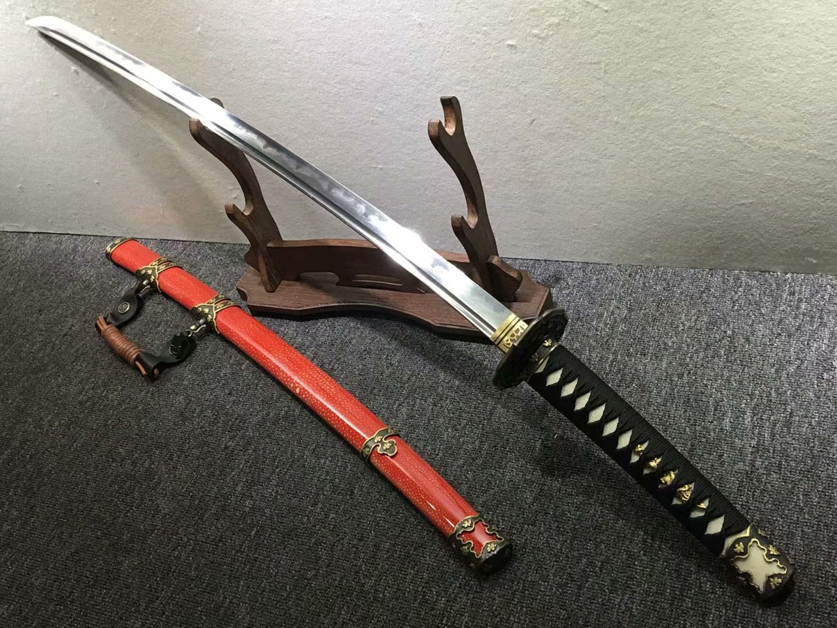 Tachi,Red skin scabbard,Damascus steel burn blade,Brass,Full tang - Chinese sword shop
