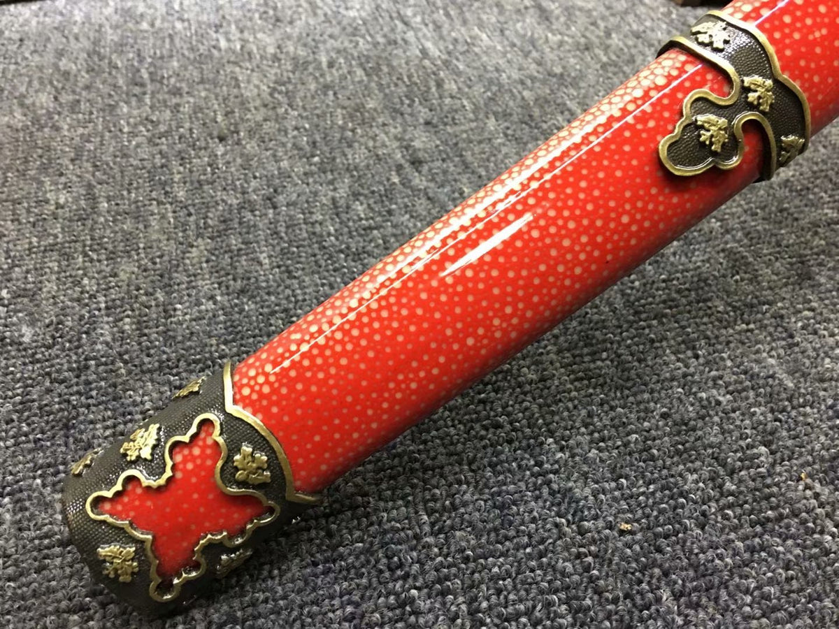 Tachi,Red skin scabbard,Damascus steel burn blade,Brass,Full tang - Chinese sword shop