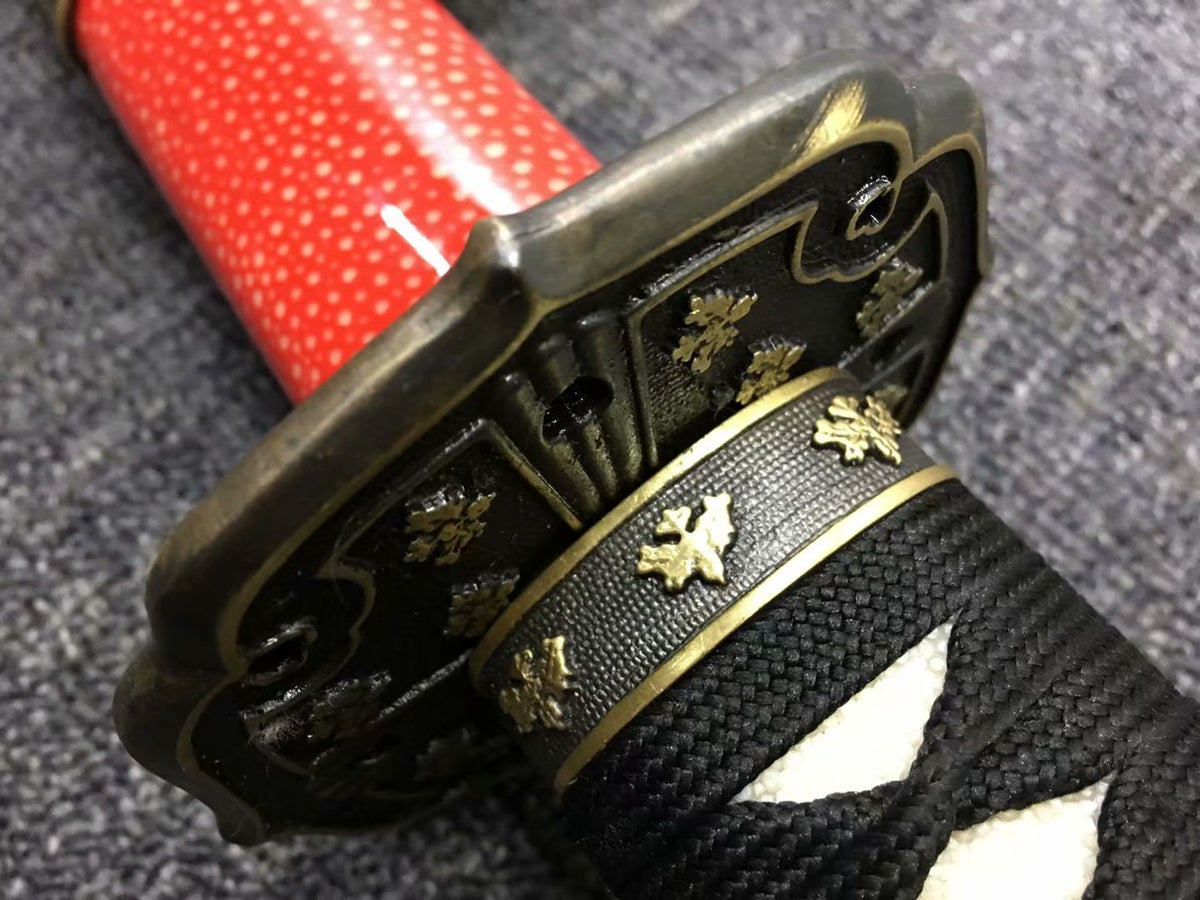 Tachi,Red skin scabbard,Damascus steel burn blade,Brass,Full tang - Chinese sword shop