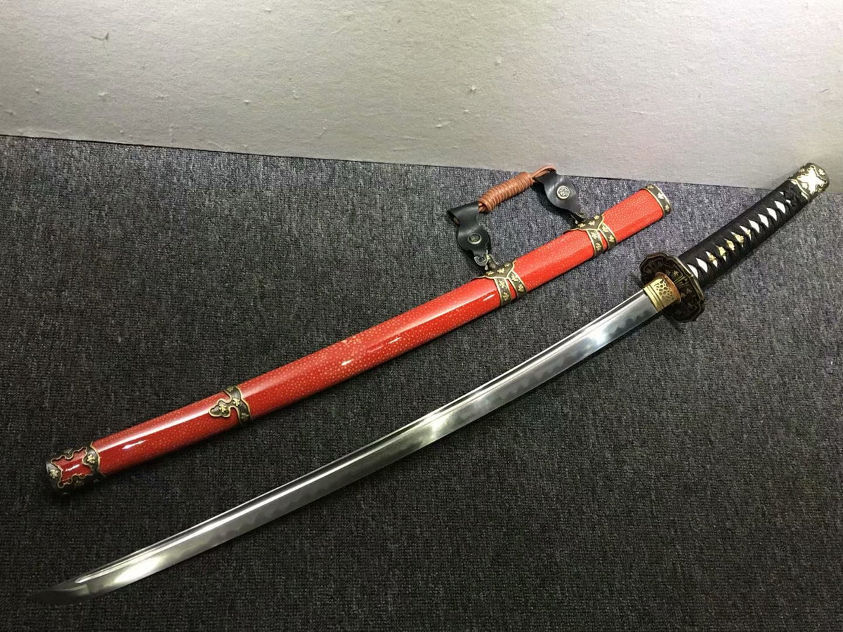 Tachi,Red skin scabbard,Damascus steel burn blade,Brass,Full tang - Chinese sword shop