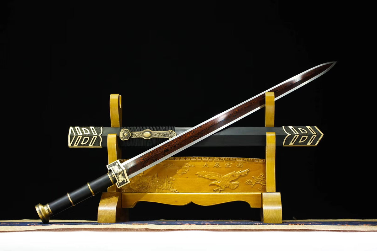 Ruyi jian,Handmade Damascus steel red bade,Black wood,Brass,Full tang - Chinese sword shop