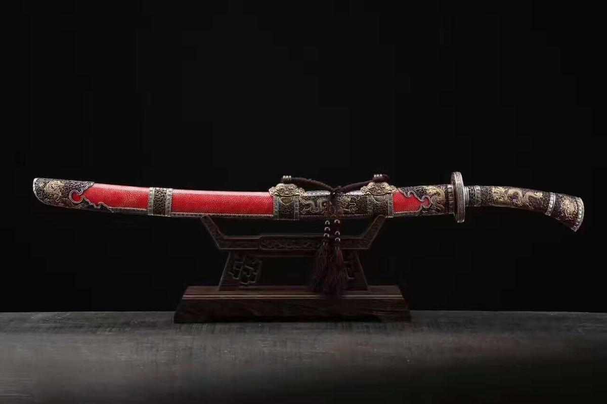 Loong broadsword,Damascus steel blade,Red skin scabbard,Brass fittings - Chinese sword shop