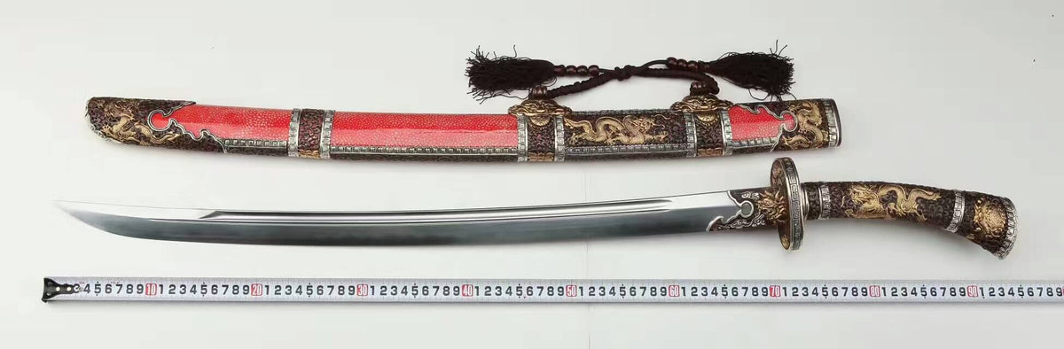Loong broadsword,Damascus steel blade,Red skin scabbard,Brass fittings - Chinese sword shop