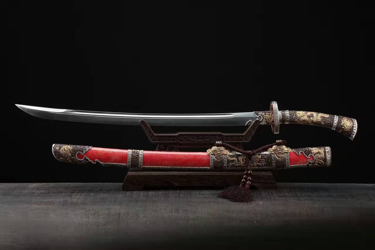 Loong broadsword,Damascus steel blade,Red skin scabbard,Brass fittings - Chinese sword shop