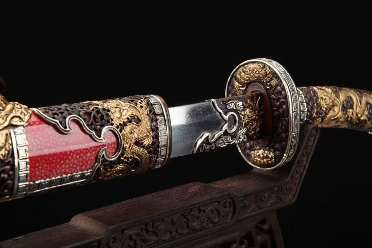 Loong broadsword,Damascus steel blade,Red skin scabbard,Brass fittings - Chinese sword shop